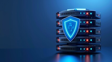 Obraz premium High-tech server stack with a glowing security shield, representing data protection and cybersecurity innovation.
