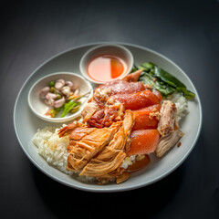 Braised pork leg with steamed rice ready to eat