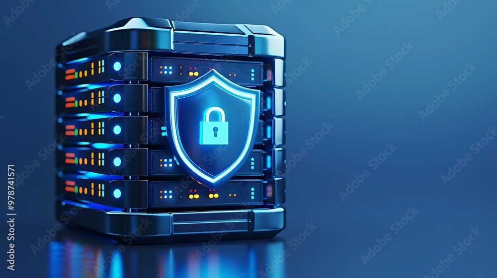 Poster high-tech server with a digital shield representing cybersecurity and data protection in a futuristi