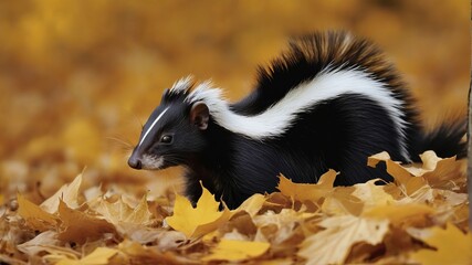 Naklejka premium Skunk on a pile of leaves in autumn