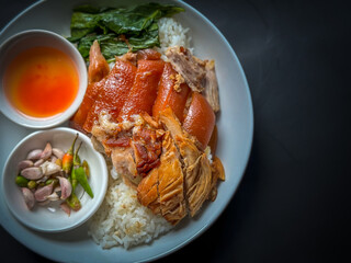 Braised pork leg with steamed rice ready to eat