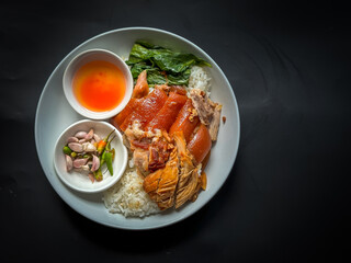 Braised pork leg with steamed rice ready to eat