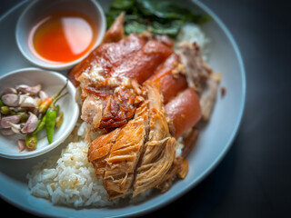 Braised pork leg with steamed rice ready to eat