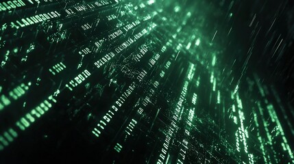 Green digital rain cascading through a dark cyber landscape in a futuristic setting