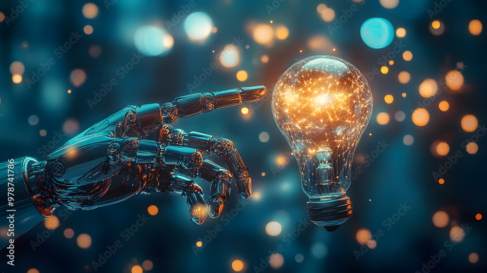 Poster representation of ai and machine learning, illustrated by the interaction between robotic and human 