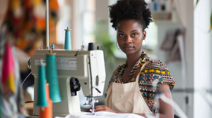 Sewing enthusiast creates unique designs using a sewing machine in a bright, colorful workshop filled with fabrics and threads