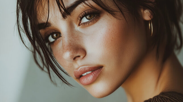 A captivating portrait of a young woman with expressive eyes and natural beauty captured indoors in soft lighting