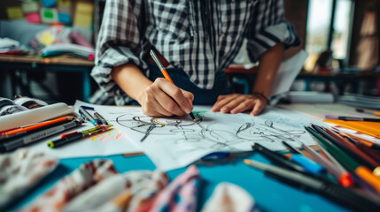 Fototapeta premium A designer sketching innovative clothing designs in a vibrant workspace filled with colorful materials and tools during the afternoon