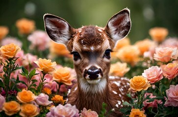 View of the cute face of a baby deer in a beautiful colorful floral background