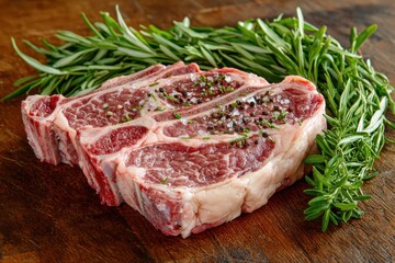 Juicy T bone steak with fresh rosemary herbs on wooden background