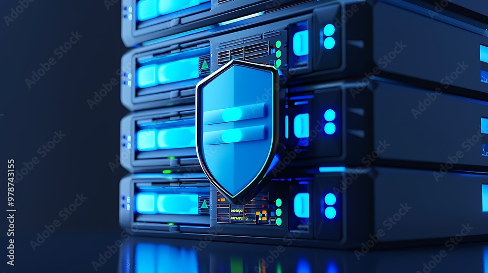 Poster modern data center server with blue lights and a shield symbol representing cybersecurity and data p