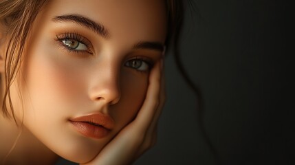 Obraz premium Beautiful blonde woman resting her head in her hands indoors. Close-up