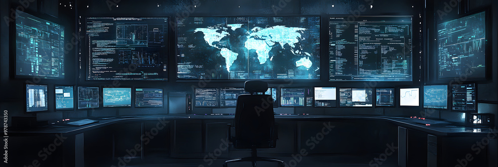 Poster cybersecurity command center with multiple screens and data visualizations, dark ambient lighting, w