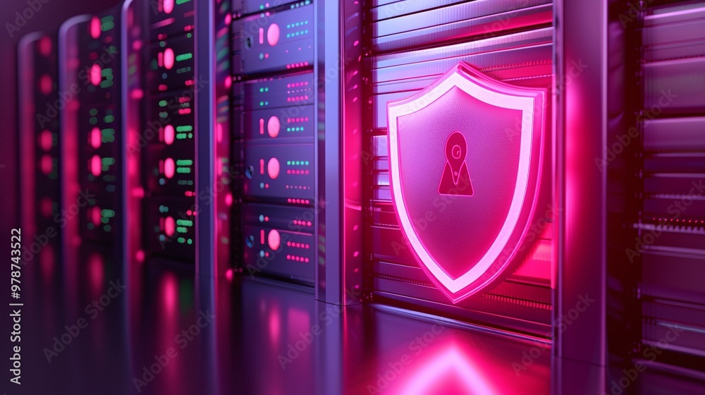 Poster modern data center with glowing servers and security shield symbolizing advanced technology and data