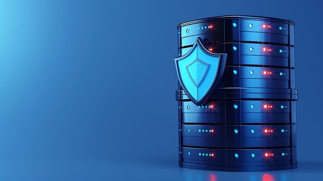 Modern data center with secure server, highlighted by shield icon, demonstrating cybersecurity and data protection concepts.