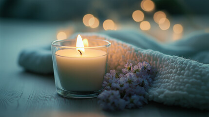 A cozy evening with a lit candle and delicate flowers, surrounded by warm ambiance created by soft lights and textured fabrics