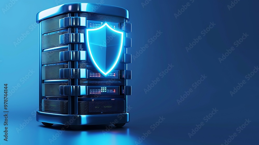 Wall mural Modern data server with a glowing shield symbolizing cybersecurity and data protection in a tech environment.