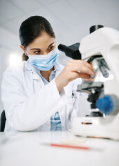 Petri dish, mask or woman with microscope, clinical trial and science discovery for dna or testing....