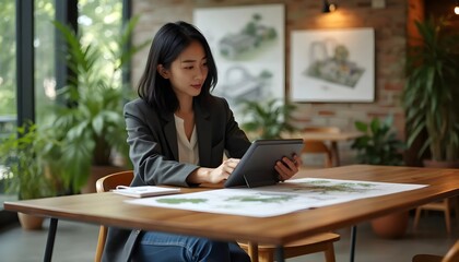 Obraz premium Landscape Architect Planning Green Spaces on Digital Tablet