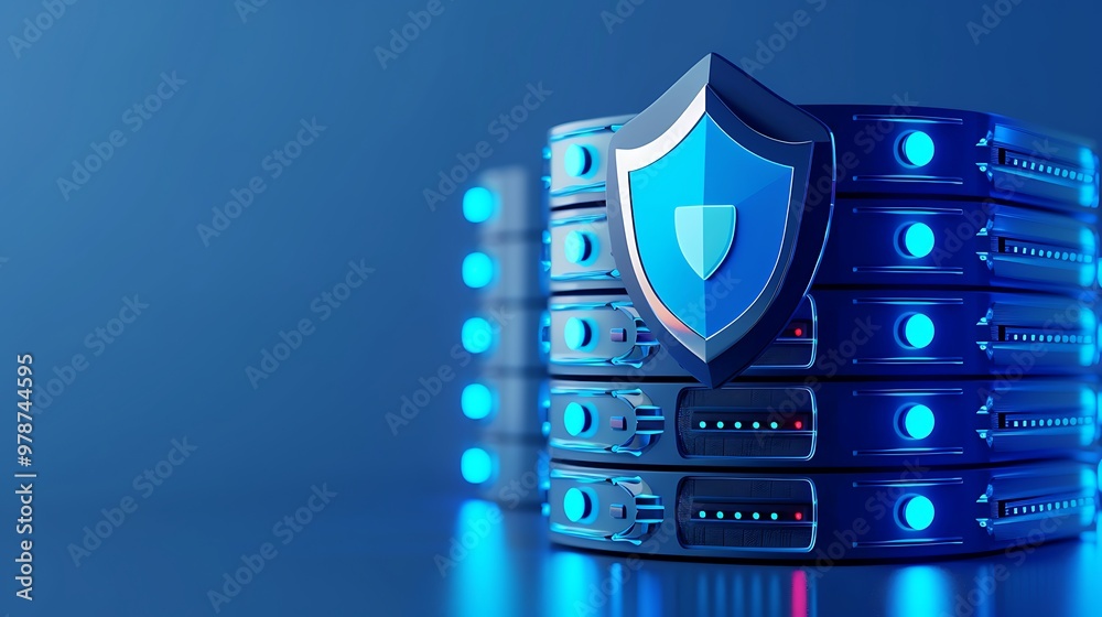 Poster modern data server with a security shield symbol, representing data protection and cybersecurity sol