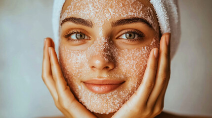 A woman gently exfoliates her face using a natural scrub while enjoying a self-care moment in a bright, peaceful bathroom