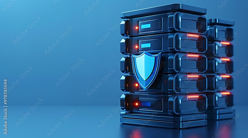 Poster modern data server with security shield, illuminated in blue tones, representing high-tech data prot
