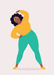 Front View Of One Overweight Black Woman In Activewear Standing And Bending Her Waist To The Side.