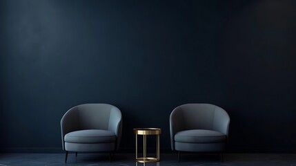 Photorealistic minimalist dark blue wall background with two chairs and gold side tables, ultra-realistic interior design