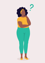 One Plus Size Black Woman Standing And Thinking Question With Her Hand On Chin.