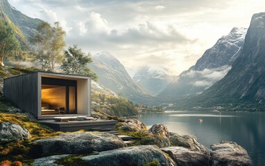 House in norway among mountains and fjords. Sunny day futuristic and hi-tech design of a small modern house. advertising photo. 
