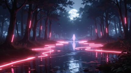 Fototapeta premium A mystical forest scene with neon pink light trails leading to a glowing tent under a full moon. The tranquil setting reflects on the water, creating a magical and serene atmosphere.