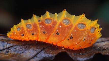 A close-up of an orange and brown caterpillar on a leaf with dew drops.