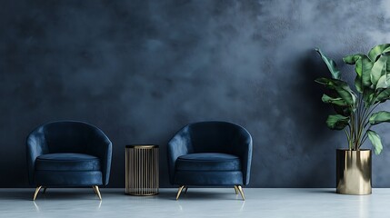 Elegant minimalist interior with dark blue chairs, brass side table, and grey wall background