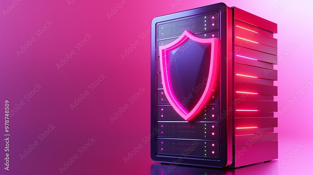Poster modern server with a glowing shield symbolizing protection and security in technology and data manag