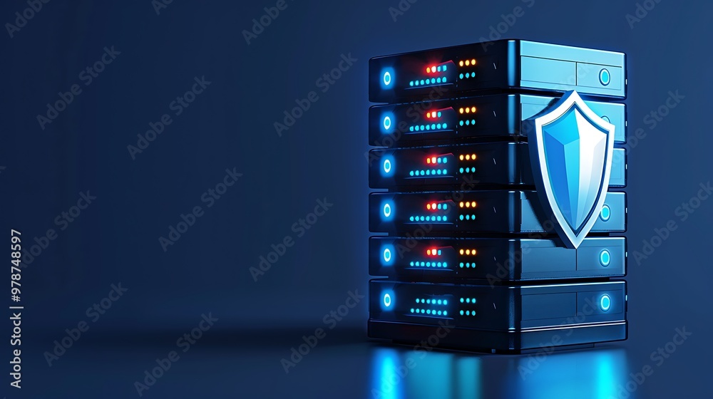 Poster modern server with a security shield icon, representing data protection and cybersecurity in a digit