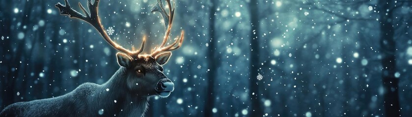 Majestic reindeer in a snowy forest, surrounded by a serene winter atmosphere, embodying the beauty of nature's cold season.