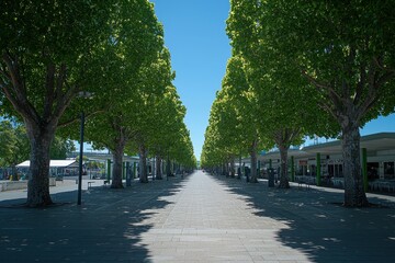 Lush green tree lined road with paved walkway in sunny setting