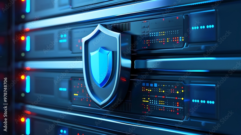 Poster modern server with a security shield, symbolizing data protection and cybersecurity in a digital env