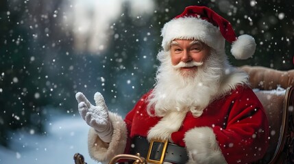 A joyful Santa Claus riding his sleigh filled with presents, spreading holiday cheer and excitement as he embarks on his Christmas Eve journey through a festi
