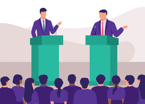 Two Male Presidential Candidates Debating On Stage In Front Of A Group Of Supporter.