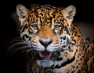 Obraz premium front view of ferocious looking Jaguar animal looking at the camera with mouth open