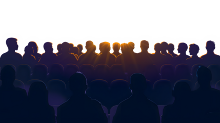 Crowd of people in the auditorium, silhouette of men and women sitting in two rows. Vector illustration.