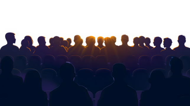 Crowd of people in the auditorium, silhouette of men and women sitting in two rows. Vector illustration.