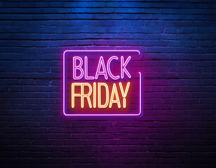Fototapeta premium Black Friday sale neon banner, against a brick wall background with copy space, perfect for_1(82)