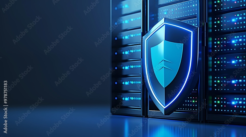 Poster secure server concept featuring a glowing shield symbolizing data protection and cybersecurity.