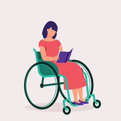 One Disabled Young Woman In Wheelchair Reading A Book.