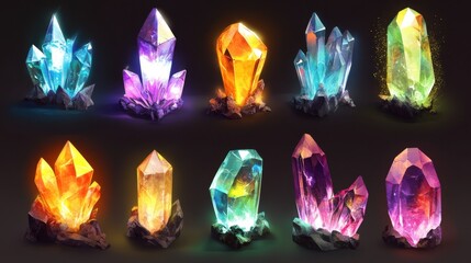 Set of bright, colorful crystals and diamonds for fantasy game icons, showcasing magical energy and beauty.