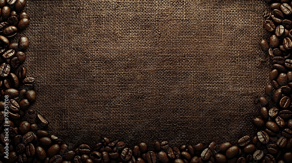 Poster coffee beans border on burlap hessian sacking background : generative ai