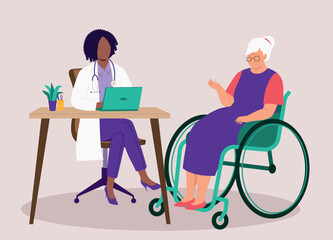 Disabled Elderly Woman In Wheelchair Seeing A Female Doctor.
