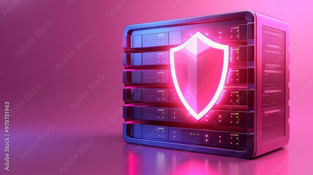 Poster stylish data server with glowing shield symbol, representing cybersecurity and data protection in a 